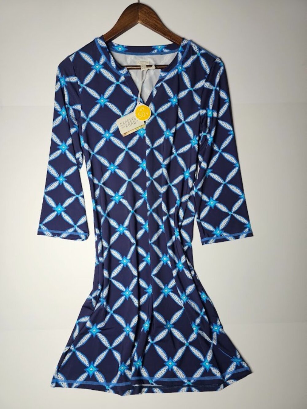 Capelton Road Diamond Ikat Notch Neck Dress UPF 50+ Blue Size Small